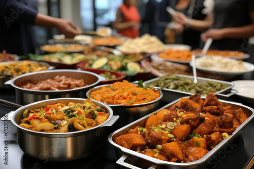 Multicultural Neighborhood Potluck with a Variety of Communal Dishes