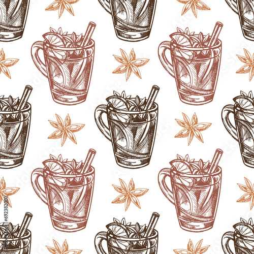 Seamless pattern of hand-drawn mug with mulled wine in sketch style. A warming drink. Traditional Christmas drink. Vintage cozy seasonal holidays. Good for menu.