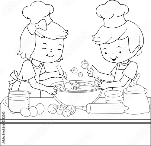 Children cooking in the kitchen at home. Kids with cooking hats baking a cake. Vector black and white coloring page.
