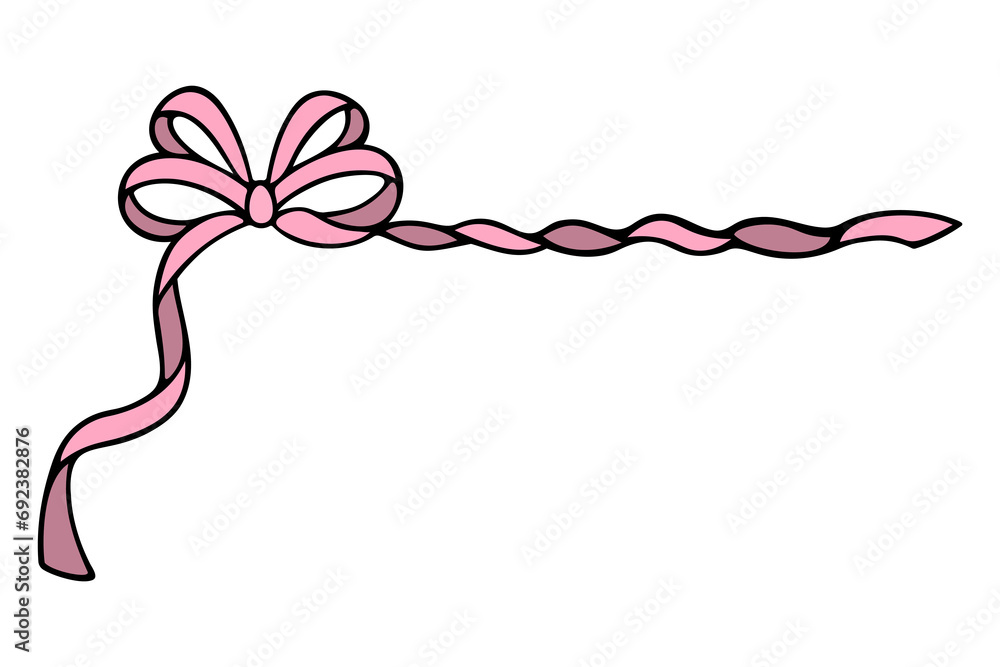 Bow with long pink ribbons. Corner decoration from a beautifully tied bow. Color vector illustration. Isolated background. Cartoon style. Romantic decoration. Idea for web design, invitations Bow with long pink ribbons. Corner decoration from a beautifully tied bow. Color vector illustration. Isolated background. Cartoon style. Romantic decoration. Idea for web design, invitations