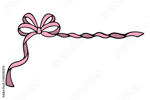 Bow with long pink ribbons. Corner decoration from a beautifully tied bow. Color vector illustration. Isolated background. Cartoon style. Romantic decoration. Idea for web design, invitations