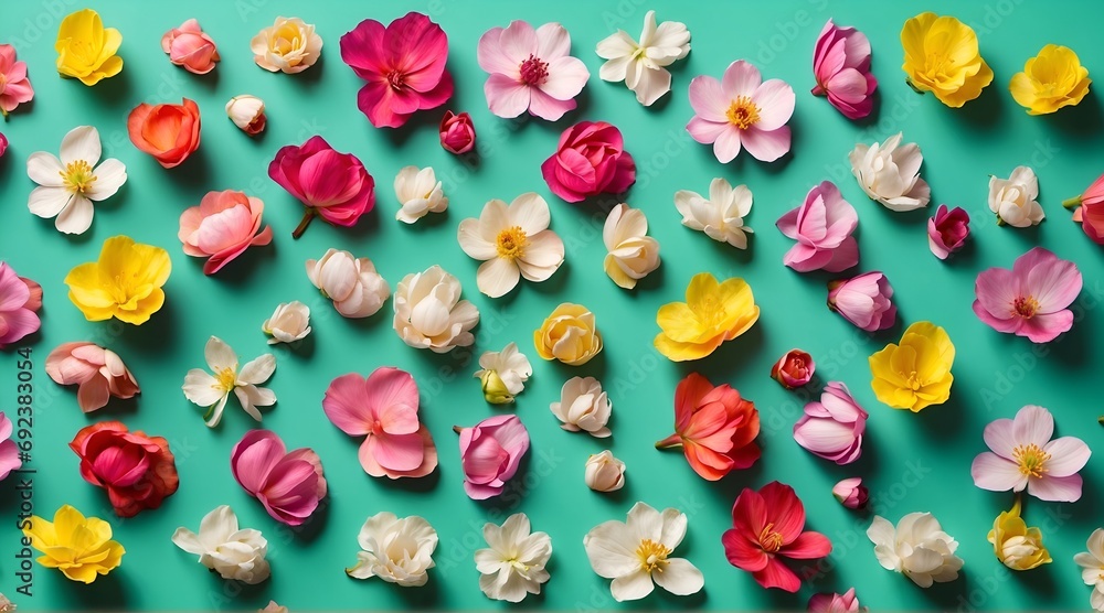 Collection bunch of colorful flower petals isolated on turquoise background Collection bunch of colorful flower petals isolated on turquoise background