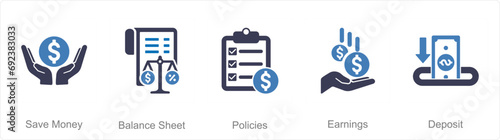 A set of 5 accounting icons as save money, balance sheet, policies