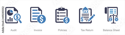 A set of 5 accounting icons as audit, income, policies