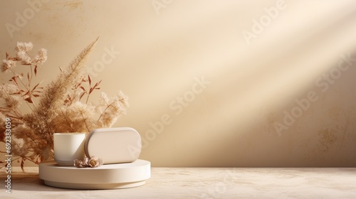 Beauty product photo background for showcase: smooth round beige colored podium in soft sunlight, dried flowers, on beige colored table counter top, negative space