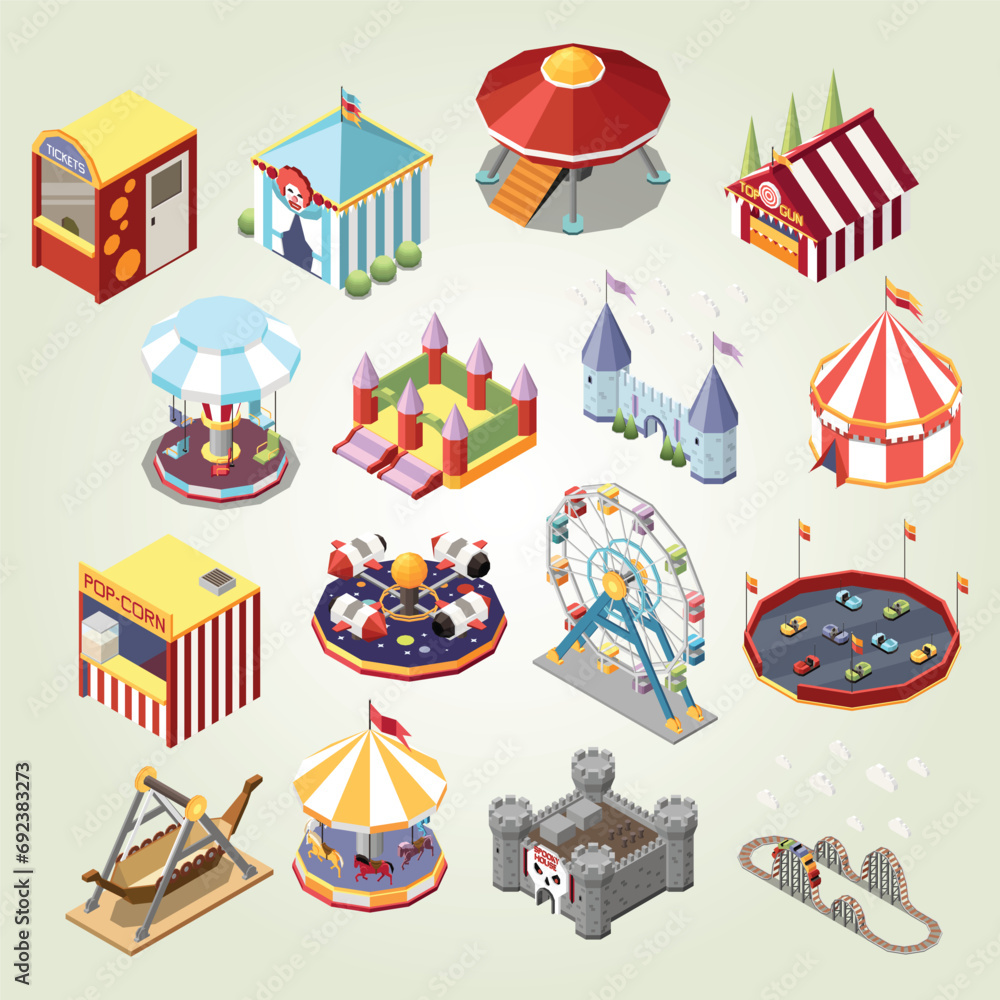 amusement park isometric set isolated icons with traveling circus big tops junk food stalls attracti - obrazy, fototapety, plakaty 
