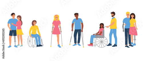 People with disability set. Men and women with prosthesis and wheelchair. Characters undergoing rehabilitation after trauma or accident. Support, special needs, limb amputation concept.