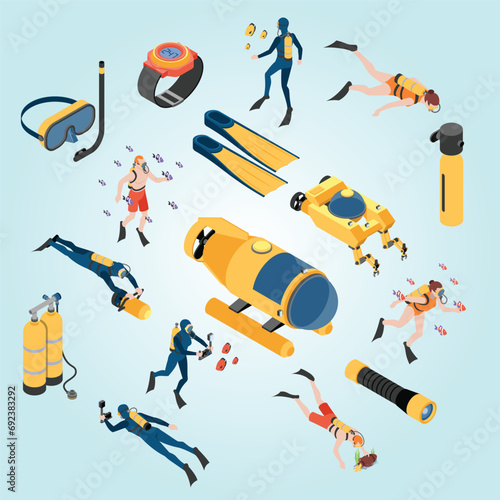 set isometric icons human characters with scuba diving equipment isolated vector illustration 3d photo