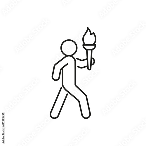 Olympic torch with fire in hands of person, line icon. Burning torch symbol of Olympic games. Competition of athletes in sport for winning champion. Flame of victory. Vector outline