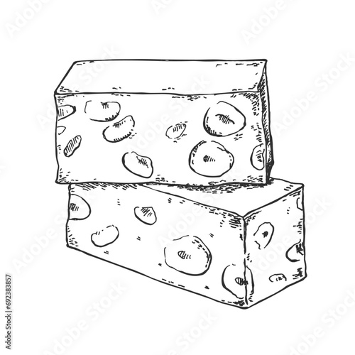 Hand drawn vector Turkish nougat illustration. Traditional nut oriental pastry. Retro vintage image. Design template for ad, label, menu