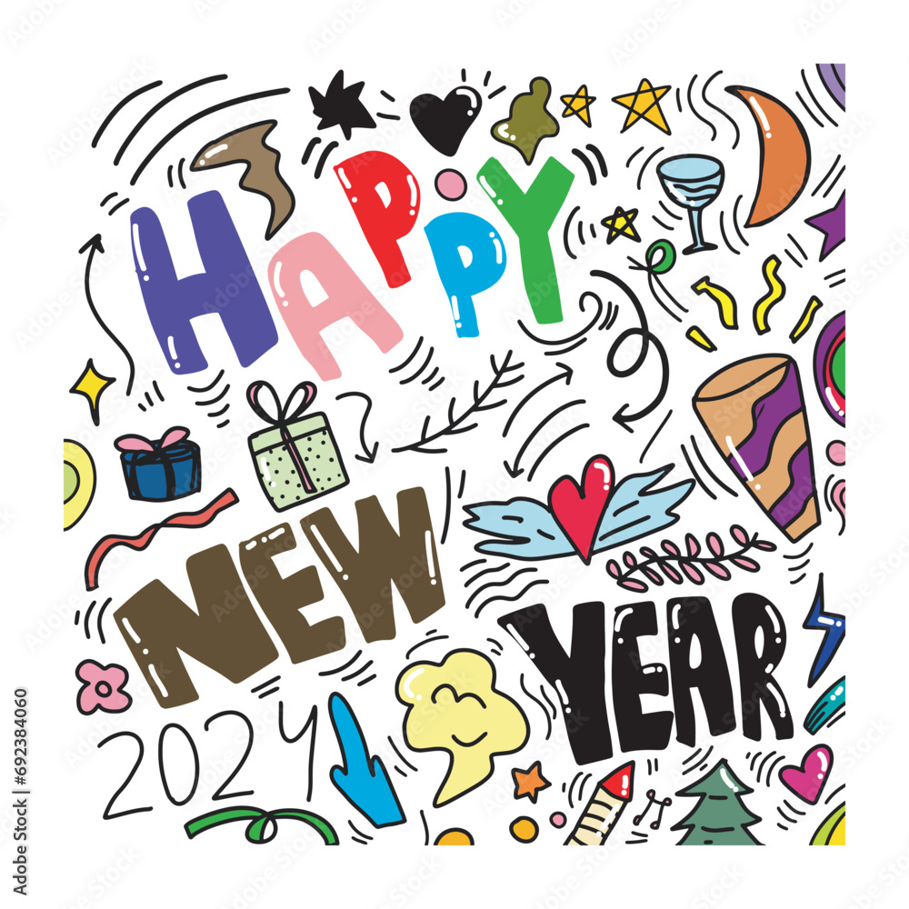set of happy new year doodles isolated on white background