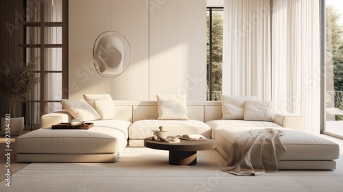 Cozy modern luxurious interior design of a living room with a white fluffy poliform sofa, tall ceiling, off white cream colored textiles