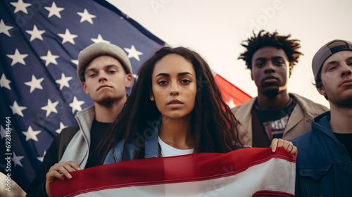 Young people with American flag talking political rally. Generative AI.