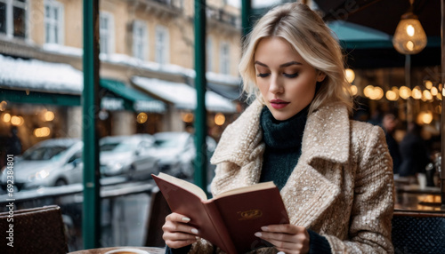 Beautiful blonde woman reading a book at cafe during winter