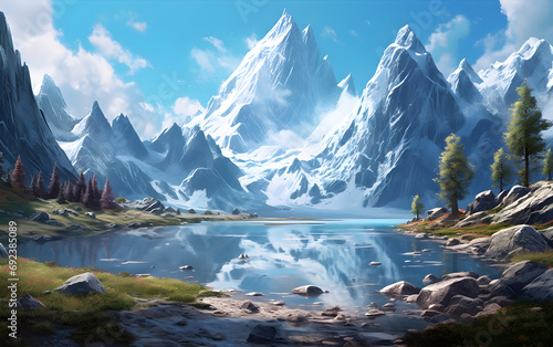 A breathtaking mountain landscape, Generative AI
