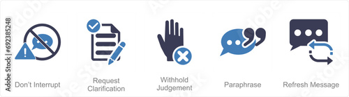A set of 5 Active Listening icons as don�t inturrupt, request clarification, with hold judgement
