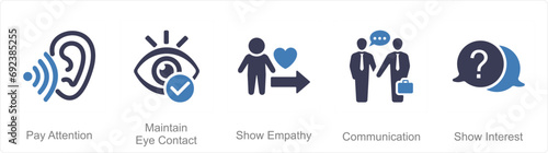 A set of 5 Active Listening icons as pay attention, maintain eye contact, show empathy