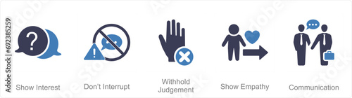 A set of 5 Active Listening icons as show interest, don�t inturrupt, with hold judgement