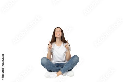 PNG, girl pointing fingers up, isolated on white background.
