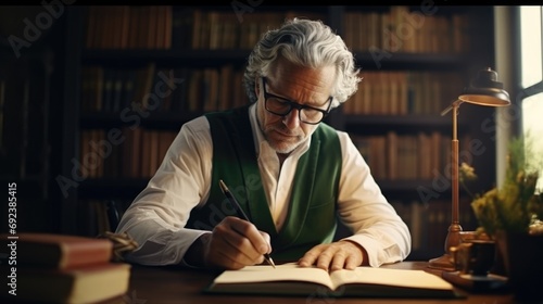 Mature middle aged caucasian man with silver hair and glasses writing with a pen in a notebook sitting in the home office library. professional creative writer or a private detective investigator photo
