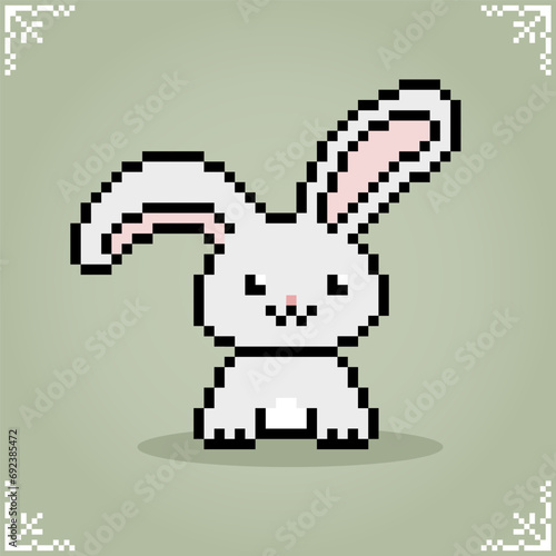 A rabbit in 8 bit pixel art with long ear. Animal game assets in vector illustrations.