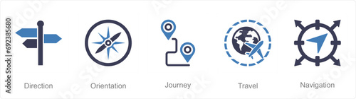 A set of 5 Adventure icons as direction, orientation, journey