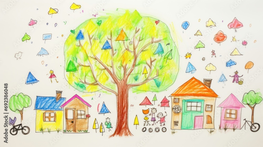 Child drawing with crayon of house, tree, family. Child drawing with crayon of house, tree, family.