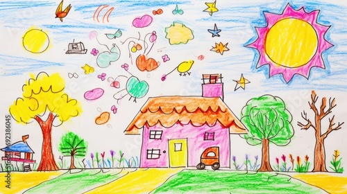 Child drawing with crayon of house, tree, family.