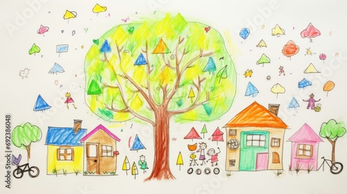 Child drawing with crayon of house, tree, family.