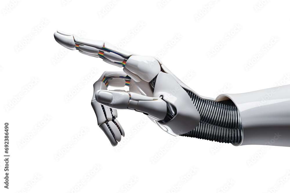  White cyborg robotic hand pointing his finger - 3D rendering isolated on free PNG background. - obrazy, fototapety, plakaty 