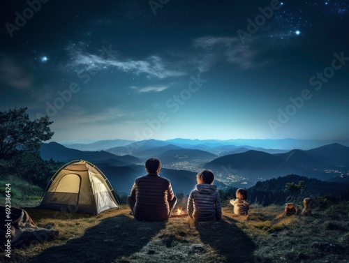Lovely family camping together with tent at night with clear sky and mountain view.