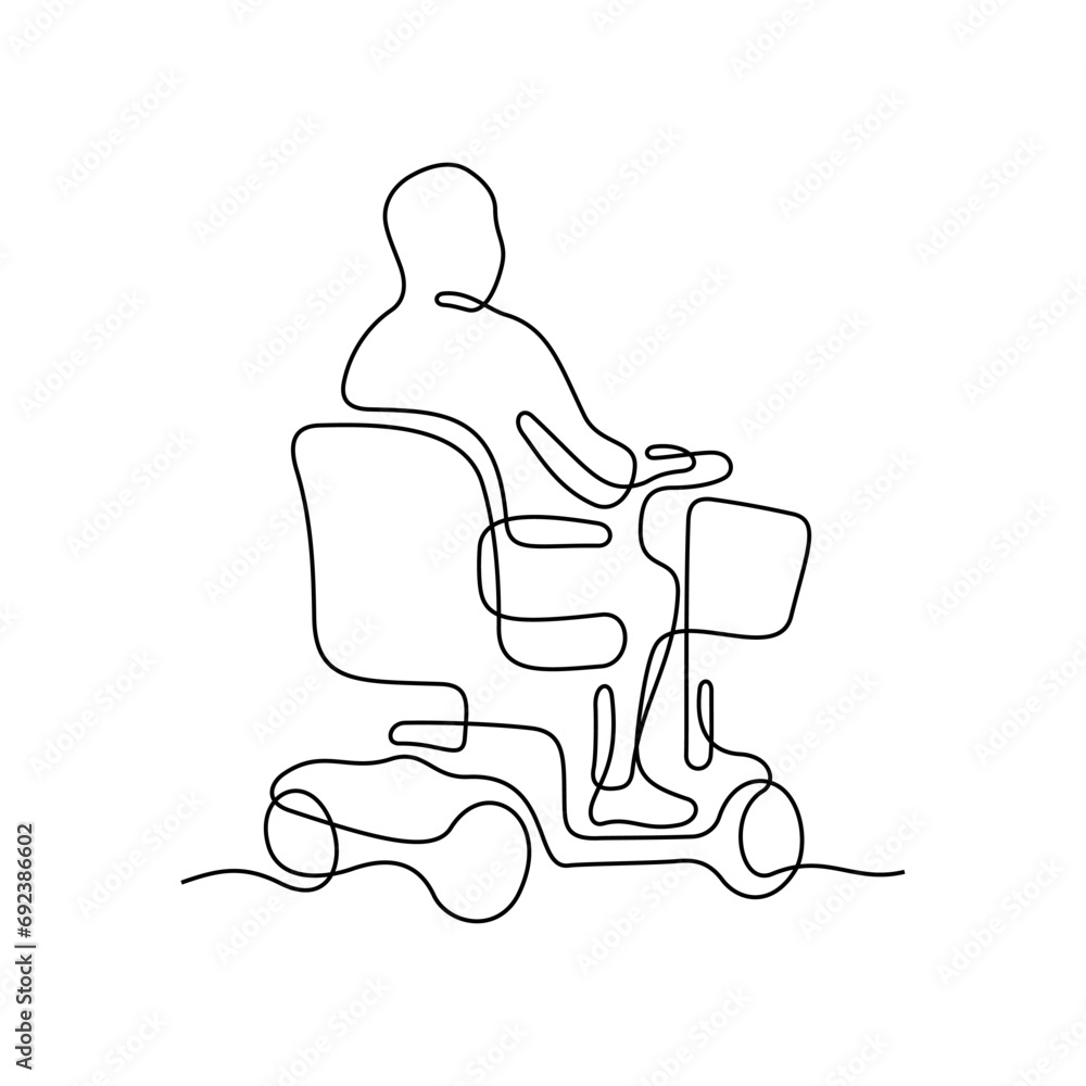 Fototapeta premium Man driving mobility scooter continuous line vector illustration