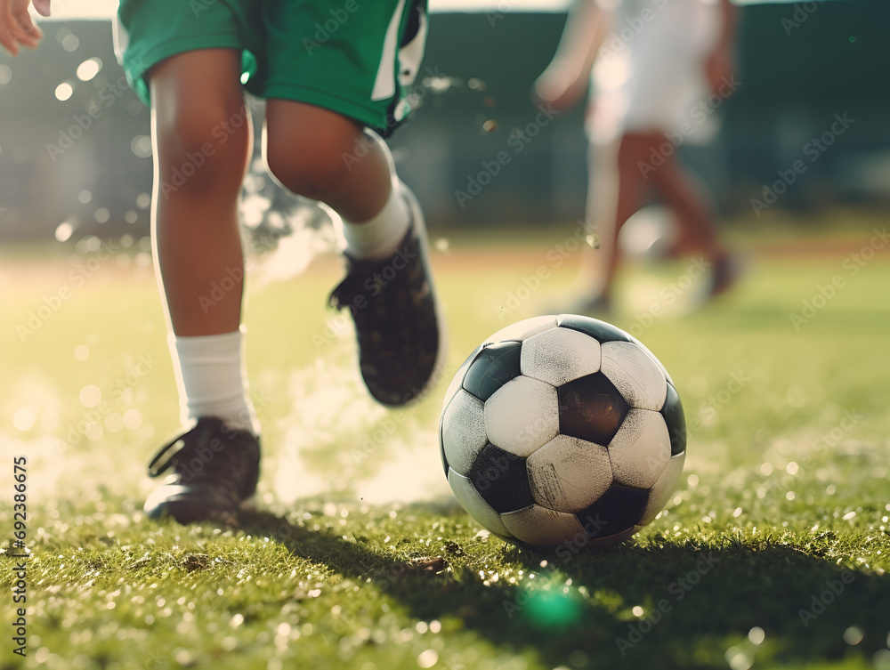 Close up of kids playing football on green pitch. Kids leg and soccer ball