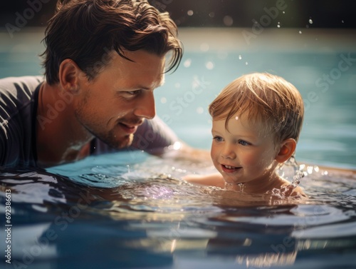 Caucasian father swimming in pool with little son.