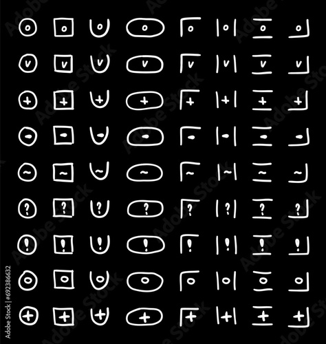 Doodle checkmarks and crosses. Empty and filled boxes for answers in test, confirmation or negation icons. Checklist pencil marks template, vector voting isolated set on black background