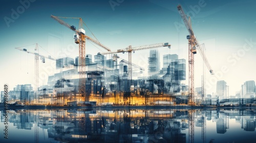 Multi exposure of industrial and building constuction city infrastructure background modern building crane and construction equipment overlay with building engineering concept photo