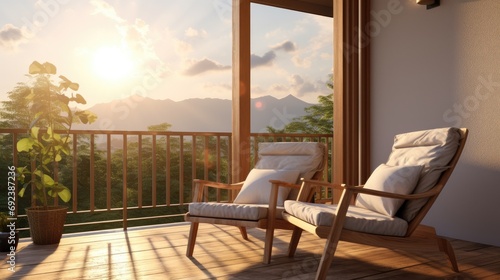 Resort vacation home interior design wooden and cosy chair on comfort balcony daylight with beautiful nature sky background house beauty ideas concept © Usman