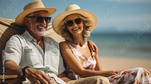 Portrait of happy senior couple sitting in hammock on the beach