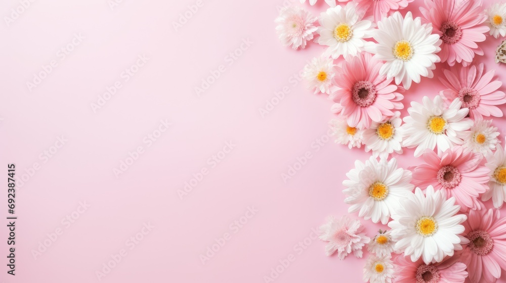 Several white and pink flowers daisies, chrysanthemums, cherry blossom, on a seamless pastel pink background. Top view. Flat lay. Copy space for text Several white and pink flowers daisies, chrysanthemums, cherry blossom, on a seamless pastel pink background. Top view. Flat lay. Copy space for text
