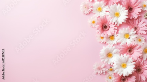 Several white and pink flowers daisies, chrysanthemums, cherry blossom, on a seamless pastel pink background. Top view. Flat lay. Copy space for text