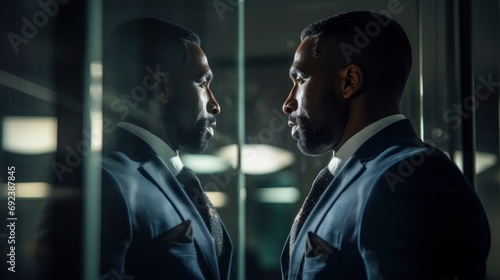 Man in Suit Looking into Mirror