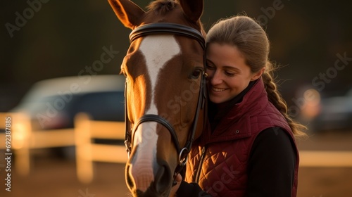 Girl Tenderly Hugging Her Horse at Sunset © Polypicsell