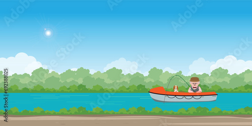 An old man with pet in boat fishing.