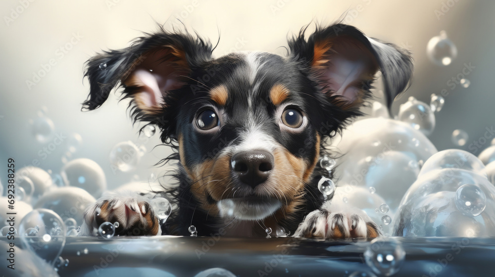 Puppy, bath and bubbly bliss for adorable cleanliness and joyful pampering. Wet fur, playful bubbles and gentle care. This scene is perfect for pet grooming services, care blogs and heartwarming visu - obrazy, fototapety, plakaty 