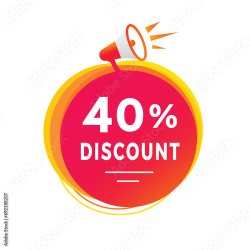 40 percent discount, label with megaphone. Banner discount promotion announcement for advertising, business. Modern vector template.