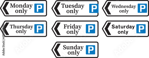 Direction to a car park, The Highway Code Traffic Sign, Signs giving orders, Signs with red circles are mostly prohibitive. Plates below signs qualify their message.