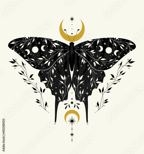Vector illustration with black butterfly and moon phases. Boho art print. Modern poster.