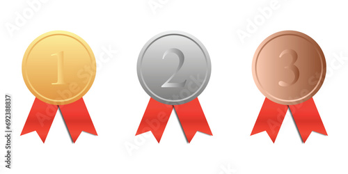 gold, silver and bronze medal with red ribbon, medal icon set for design, apps, website. vector in transparent background.