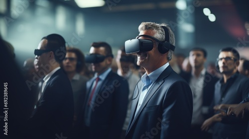 Vr experience senior business manager man attend meeting wearing vr virtual goggle glasses standing in autitorium convention hall with crowd of business people background photo