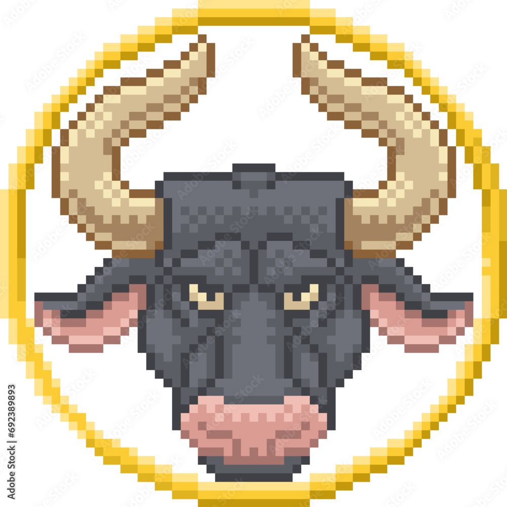 A zodiac horoscope or astrology Taurus bull sign in a retro video game arcade 8 bit pixel art style